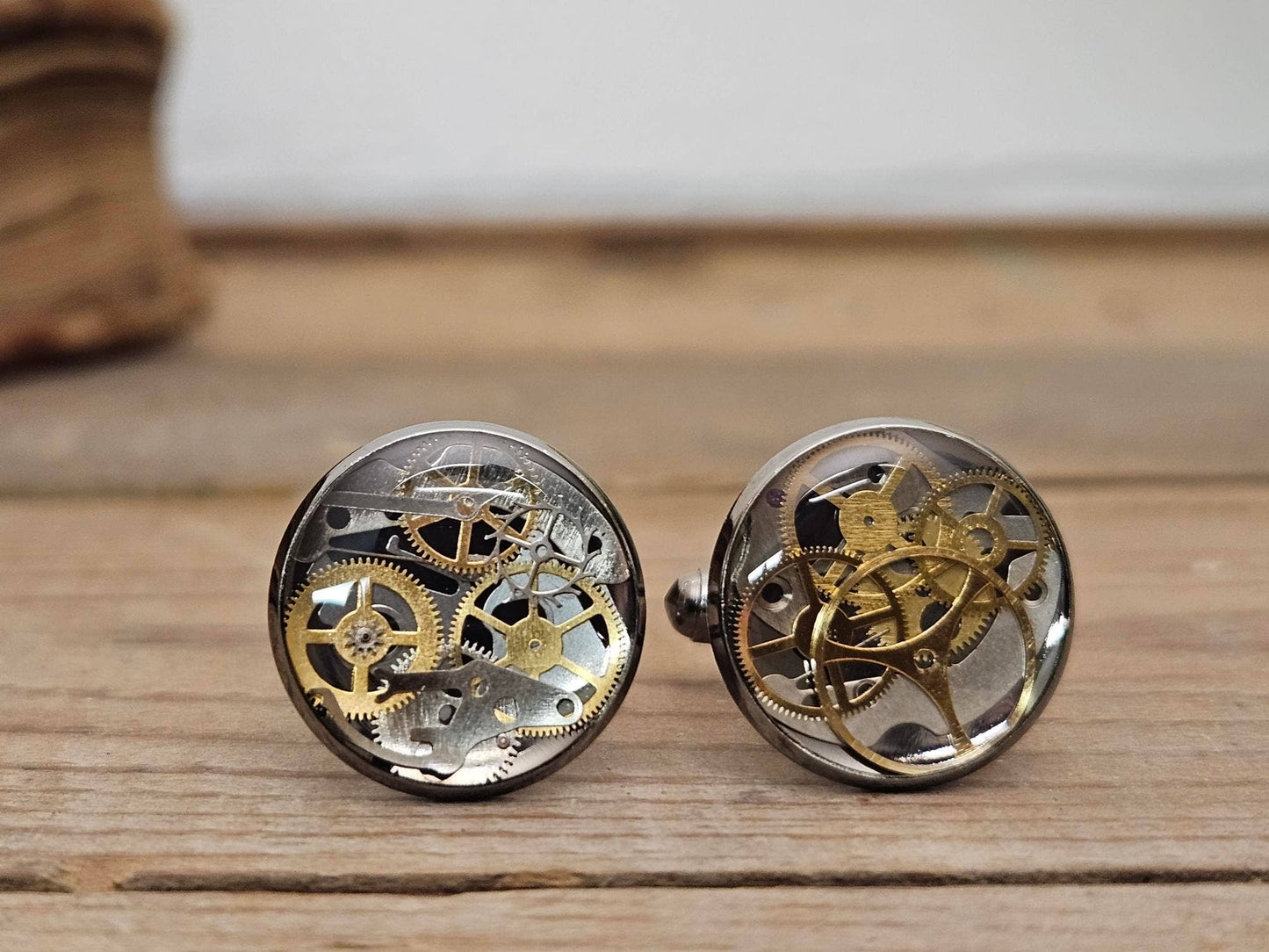 Steampunk Gunmetal Cufflinks Upcycled Watch Parts Set of 2