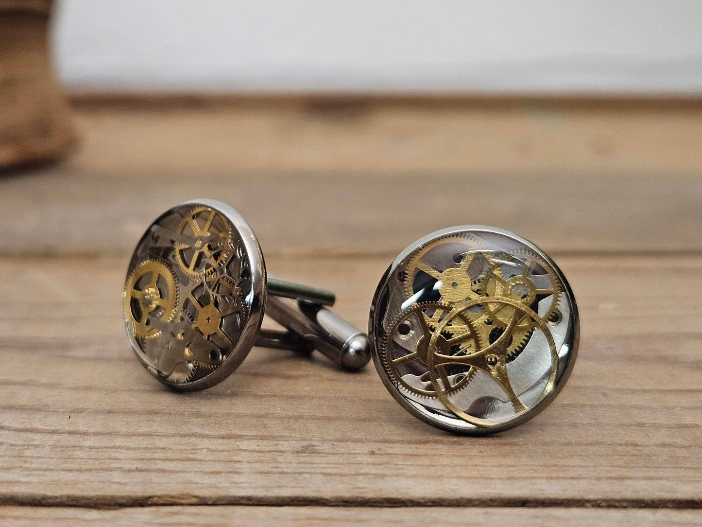 Steampunk Gunmetal Cufflinks Upcycled Watch Parts Set of 2