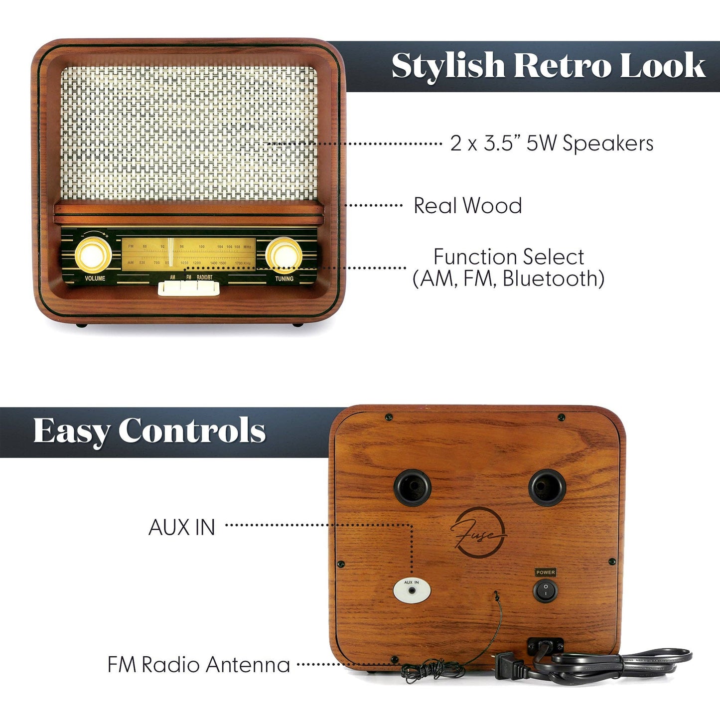 Fuse RAD Vintage Retro AM/FM Radio Speaker with Bluetooth and Wireless Charging Station