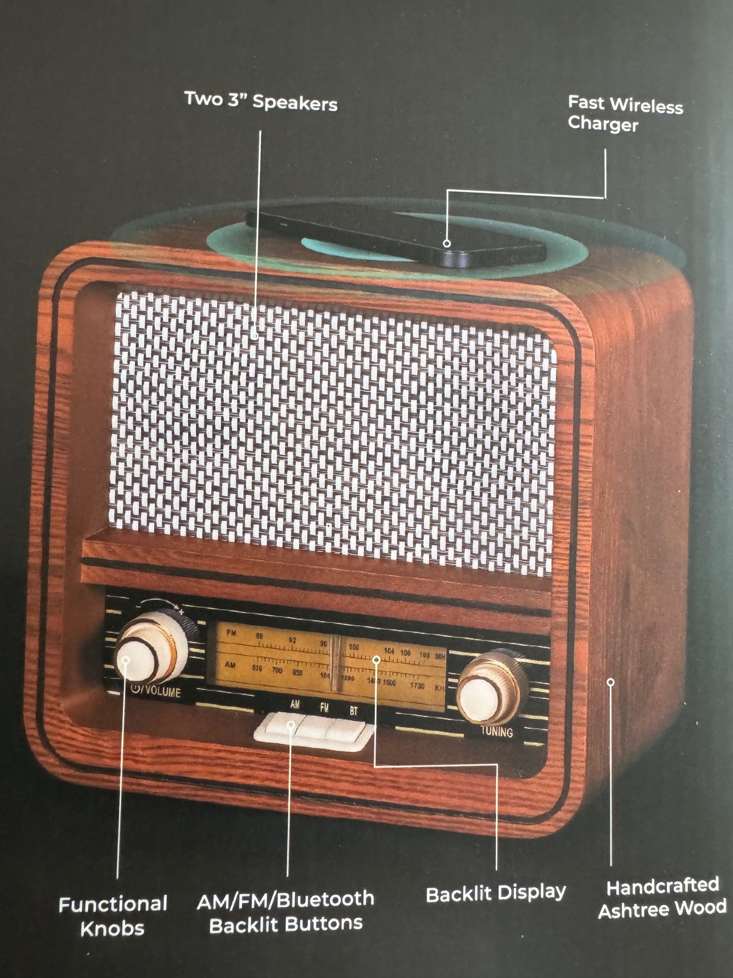 Fuse RAD Vintage Retro AM/FM Radio Speaker with Bluetooth and Wireless Charging Station