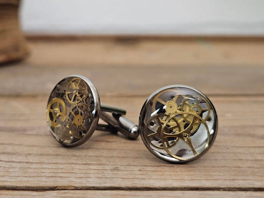 Steampunk Gunmetal Cufflinks Upcycled Watch Parts Set of 2